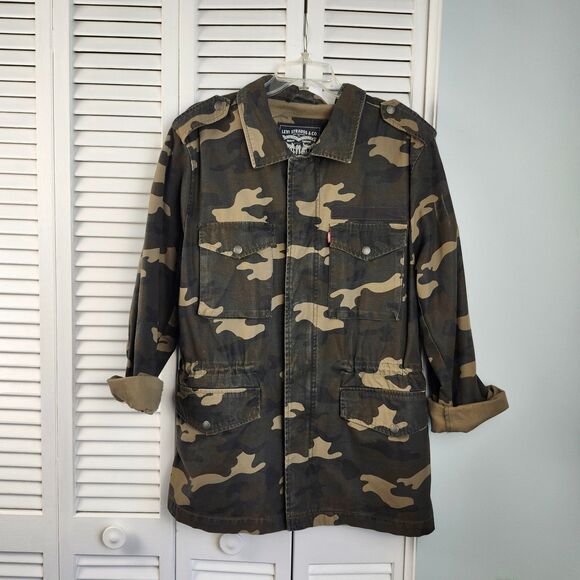 Levi's Utility Jacket L Camo Army Green Cotton Cinched Waist Field Style - Picture 1 of 16